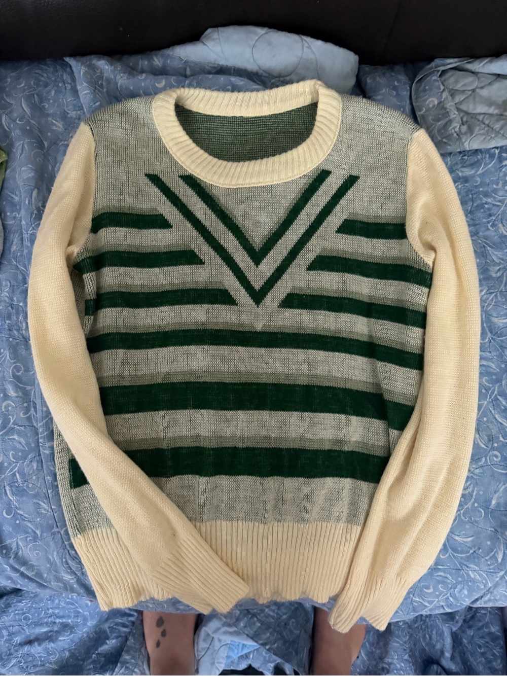 Late 70’s Vintage Cream & Green Striped V neck Sweater